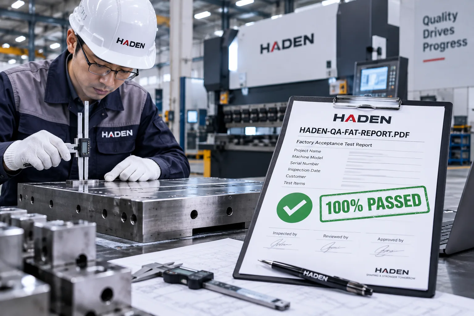 Haden sheet metal machinery undergoing laser metrology calibration and in-process quality inspection