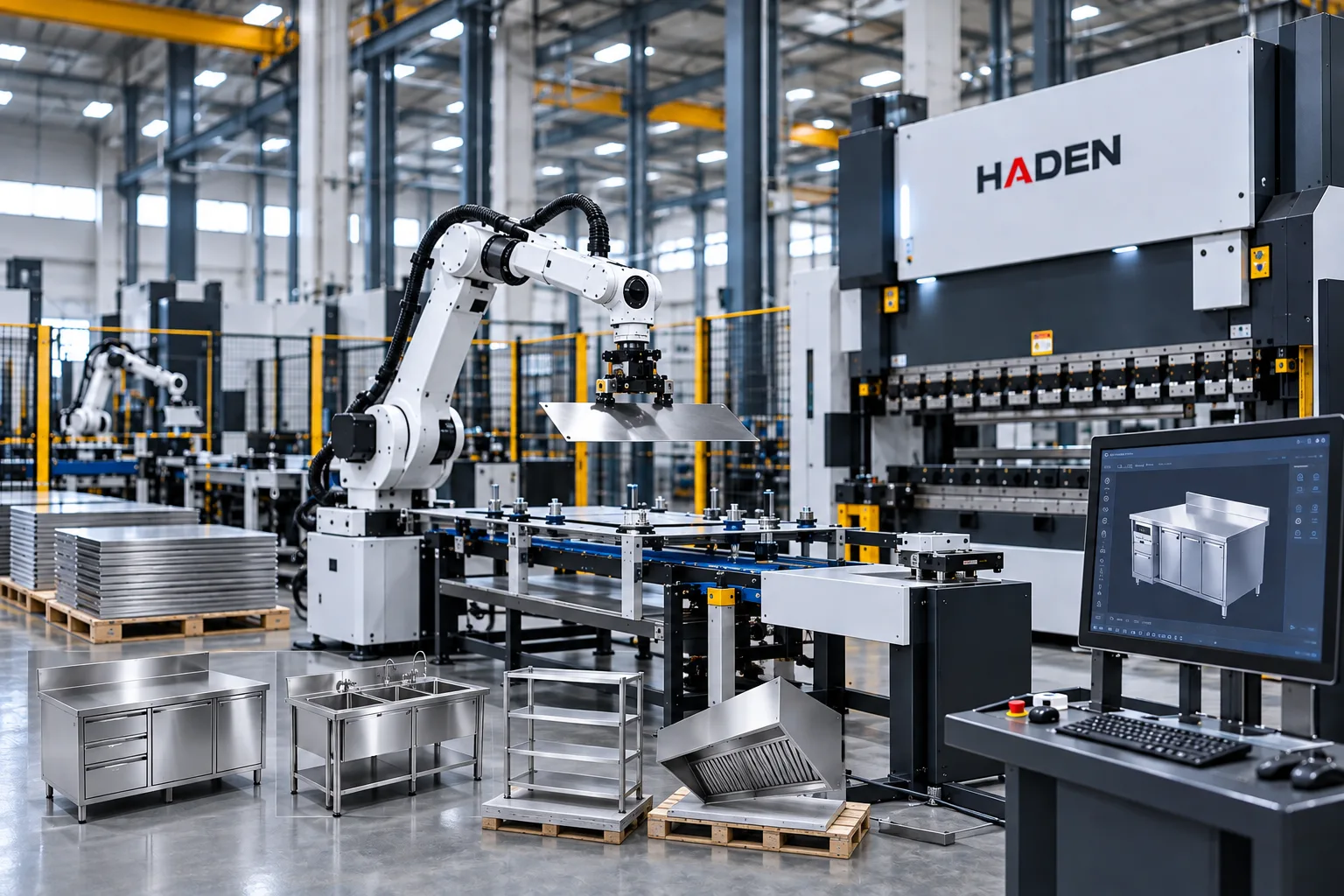 Haden automated flexible panel bending cell producing stainless steel commercial kitchen equipment panels