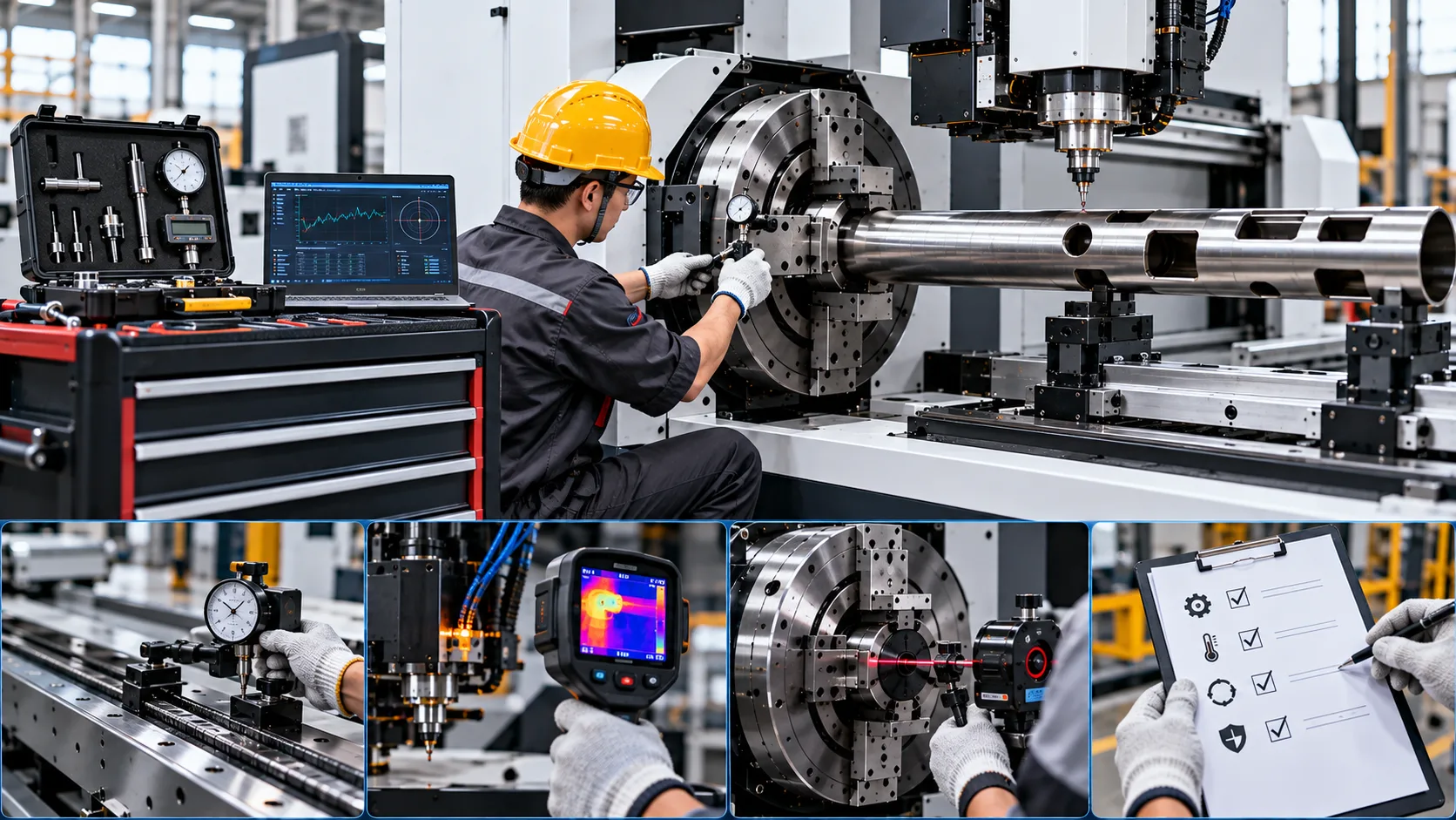 Haden certified technician performing laser alignment and diagnostic inspection on CNC equipment