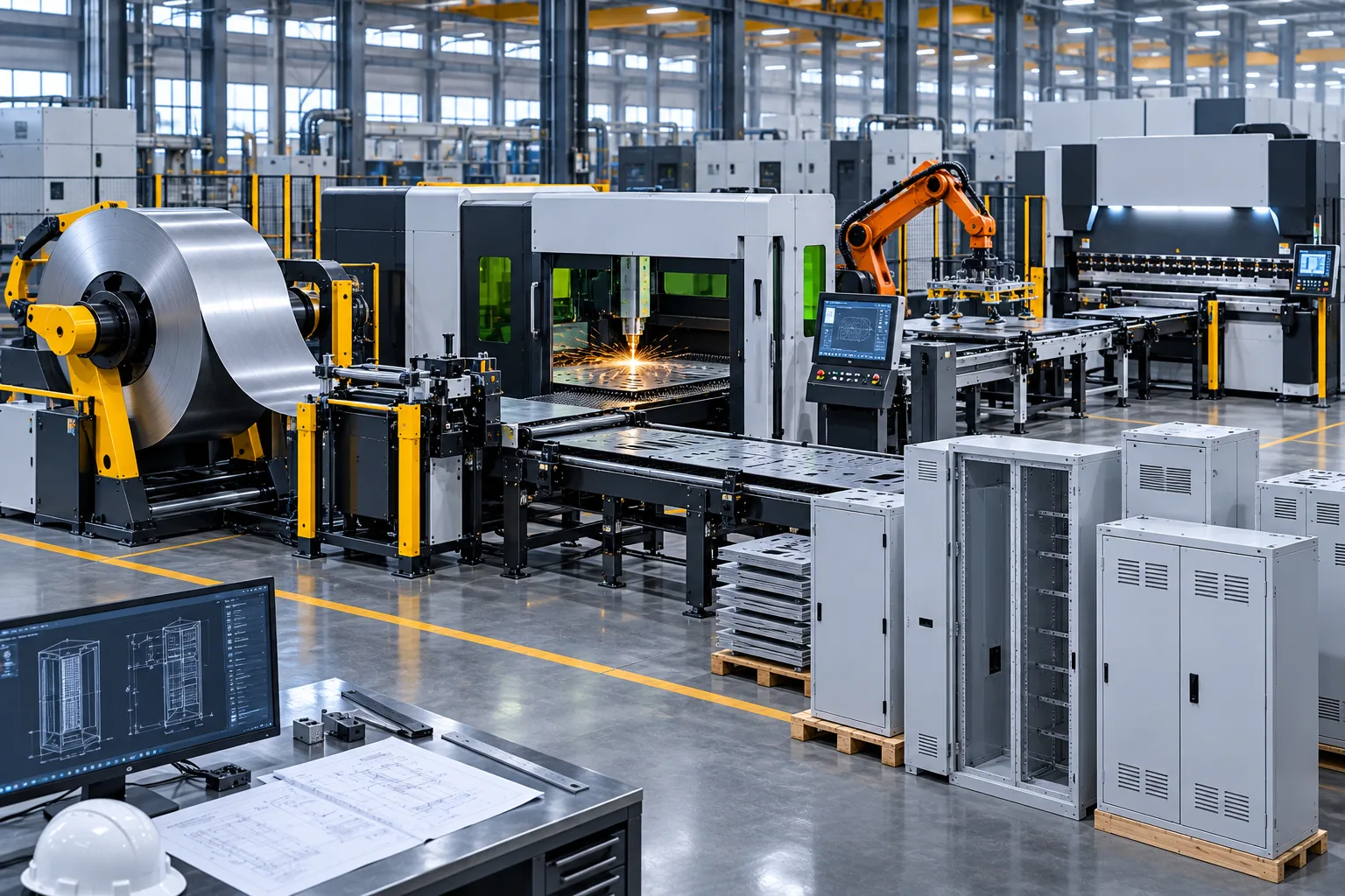Haden continuous coil-fed fiber laser cutting and automated press brake manufacturing line for electrical enclosures