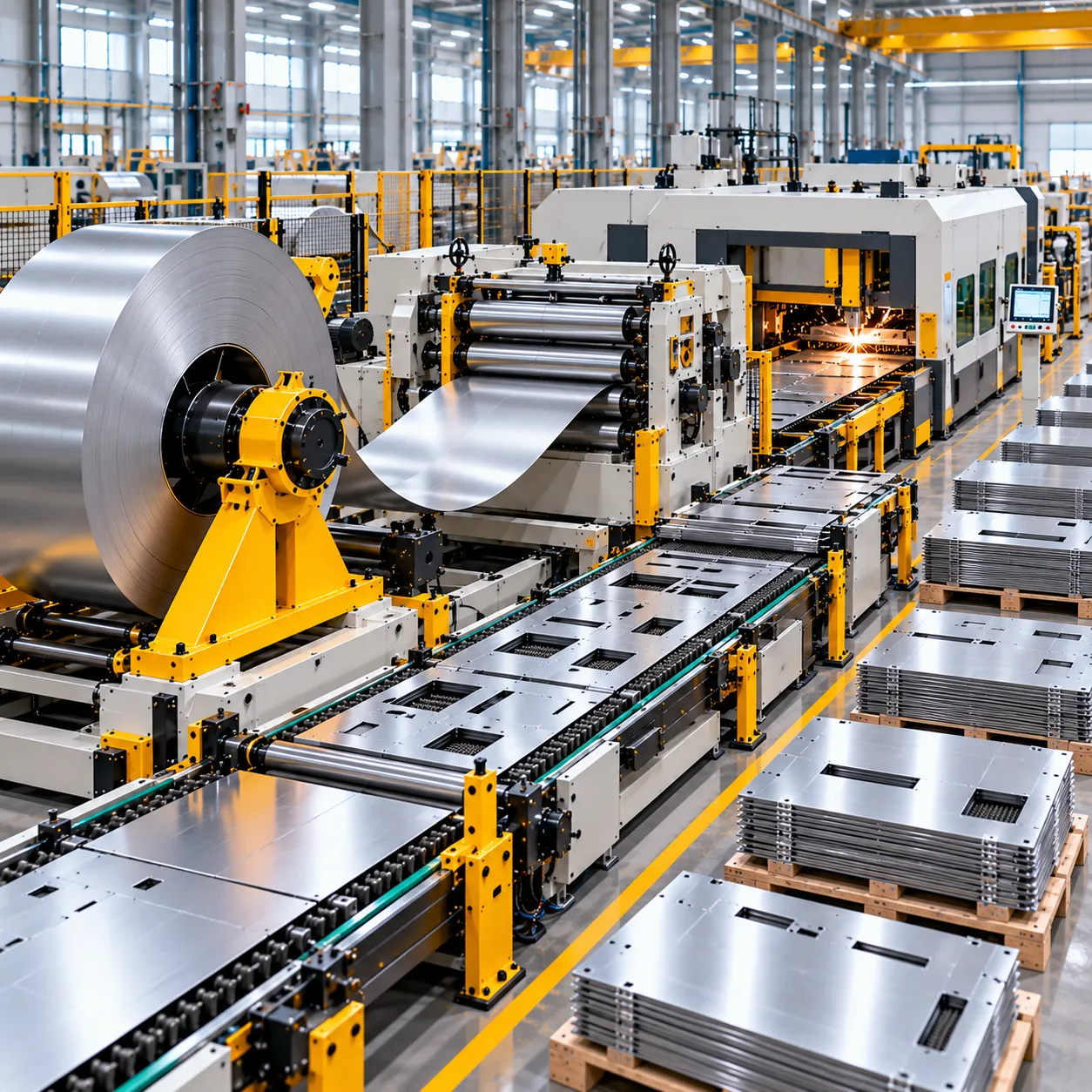 Haden heavy-duty automated coil processing line featuring precision roller leveling and continuous fiber laser blanking