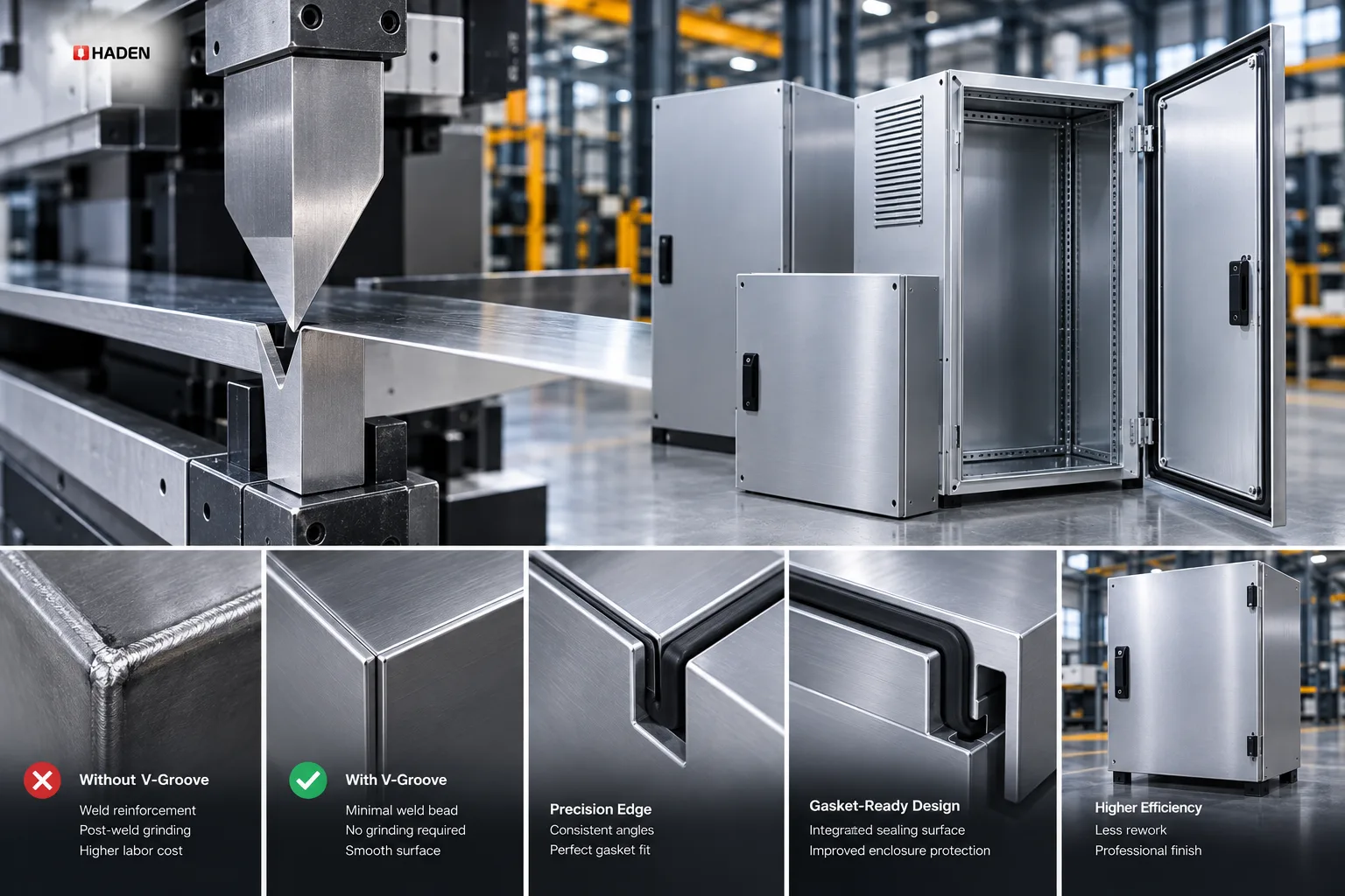 Precision sheet metal enclosure manufacturing machinery producing high tolerance electrical cabinets